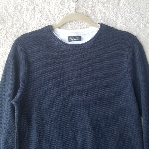 Zara Man Sweater Men's M Blue Crewneck Woven Textured Fisherman Neutral - Picture 2 of 8